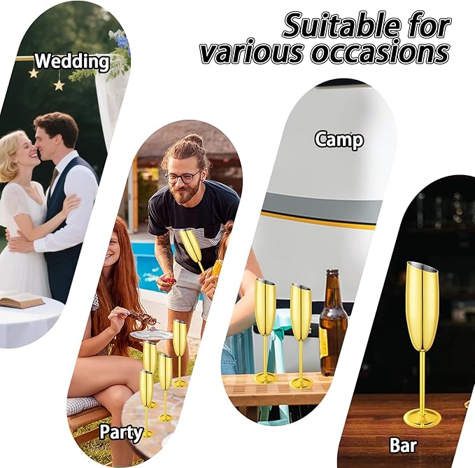 Champagne Flutes Set of 4, Premiumty Stainless Steel High Footed Champagne Glasses, 7oz Capacity,Unbreakable Slanted Champagne Glasses