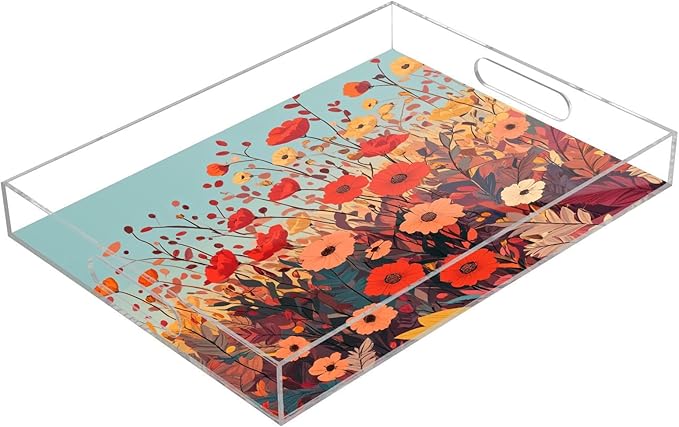 Serving Tray with Handles Clear Acrylic Tray 12x16 Inch Decorative Rectangular Tray Organizer for Ottoman Coffee Table Bathroom Autumn Poppy Flowers