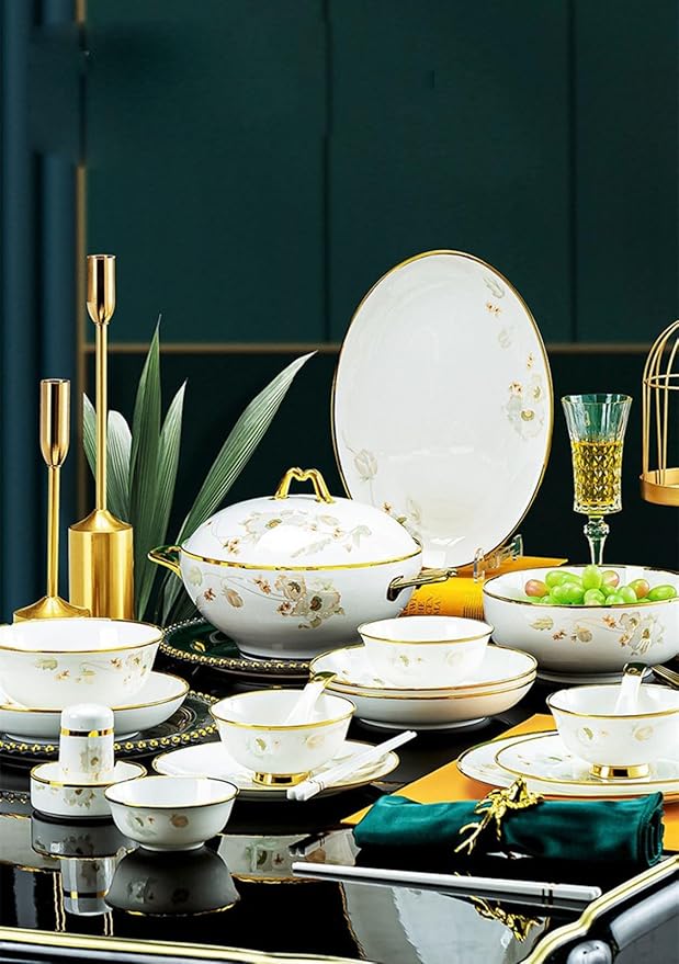 White Porcelain Tableware Set, 58 Pieces Of Bone China Bowls And Plates, High Temperature Fired Healthy Tableware, 24k Gold Decorative Tableware, Heat-resistant High-density Porcelain