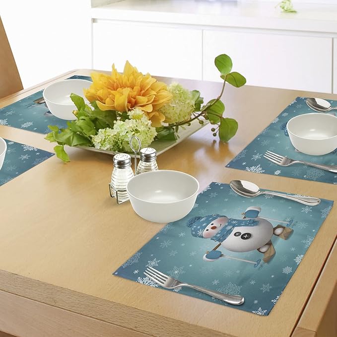 Ambesonne Snowman Place Mats Set of 4, Skiing with Ornate Snowflakes Winter Vacation Activity Fun Hobby, Washable Fabric Placemats for Dining Table, Standard Size, Brown Turquoise