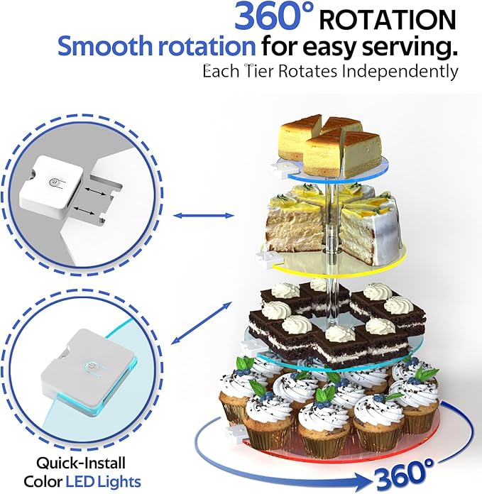 4-Tier Rotating Cupcake Stand with LED Lights - 360° Spinning Display Tower for Desserts, Cakes & Pastries - Rechargeable 7-Color Changing Serving Tray for Weddings, Parties & Festive Gatherings (Round Clear Acrylic)
