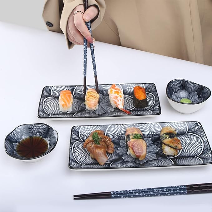 Artcome 10 Pcs Japanese Style Ceramic Sushi Plate Dinnerware Set for Wedding Housewarming - 2 Sushi Plates, 2 Sauce Dishes, 2 Snack Bowl, 2 Pairs of Chopsticks, 2 Chopsticks Holders, Dark Blue