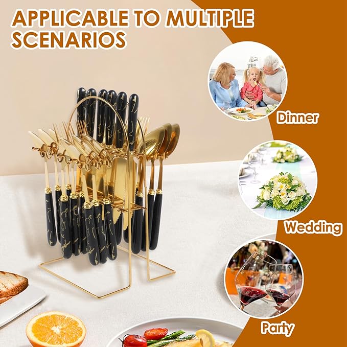 24 Pcs Silverware Set with Hanging Holder, Stainless Steel Flatware Set, Kitchen Utensil Tableware Set with Stainless Steel Knives and Forks and Spoons, Mirror Polished, Dishwasher Safe (Black)