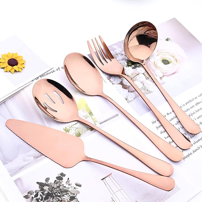 35-Piece Copper Flatware Set With Serving Set, 18/0 Stainless Steel Cutlery Set Service For 6, Mirror Polished, Dishwasher Safe