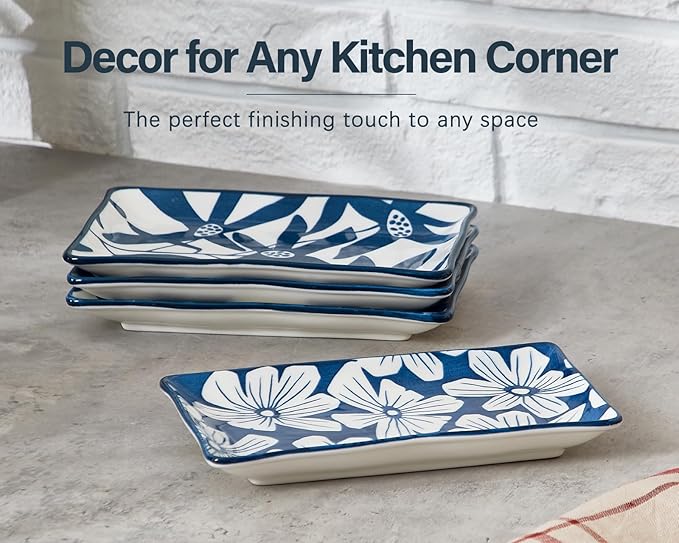 ONEMORE Appetizer Plates Set of 4, 7.5 in Small Serving Plates, Porcelain Rectangular Platters for Dessert Salad Sushi, Blue and White Dinner Plates Microwave Oven & Dishwasher Safe, Scratch Resistant