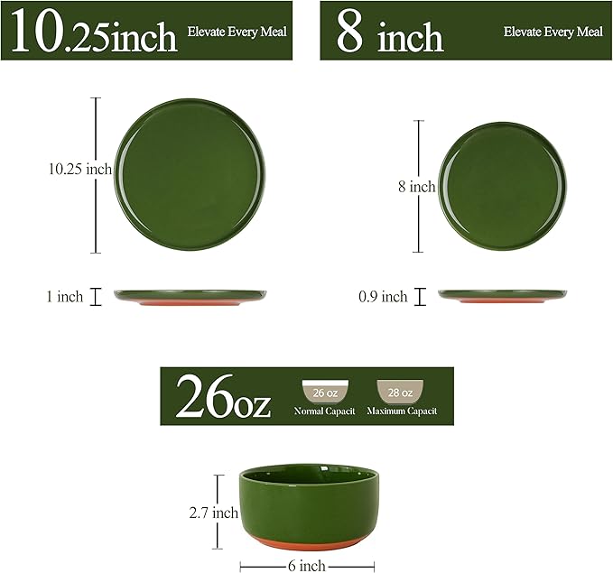 6 Piece Dinnerware Sets for 2, Dual Glaze Stoneware Plates and Bowls Set, Microwave and Dishwasher Safe, Forest Glaze Green