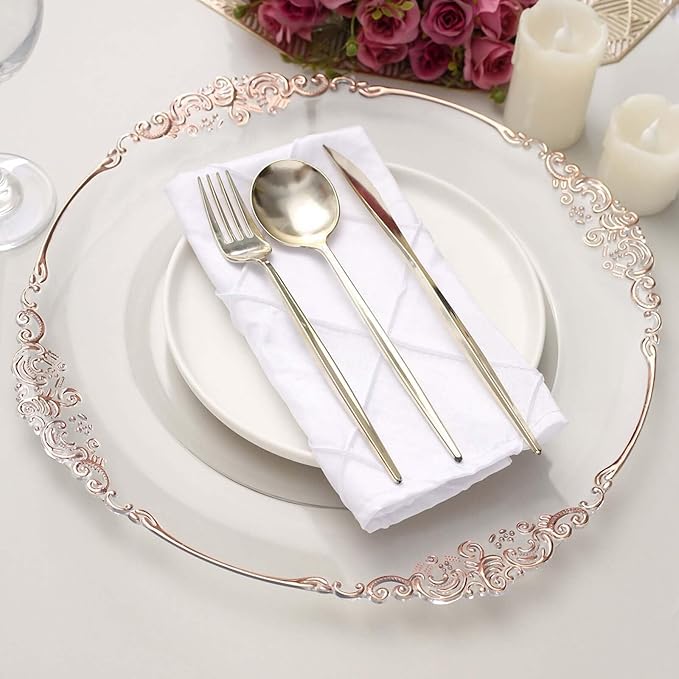 13" Charger Plates -Set of 12 - Acrylic Clear Rose Gold Round Baroque Disposable Chargers Leaf Embossed Rim, Ideal for Dinner Party Wedding Bulk Events