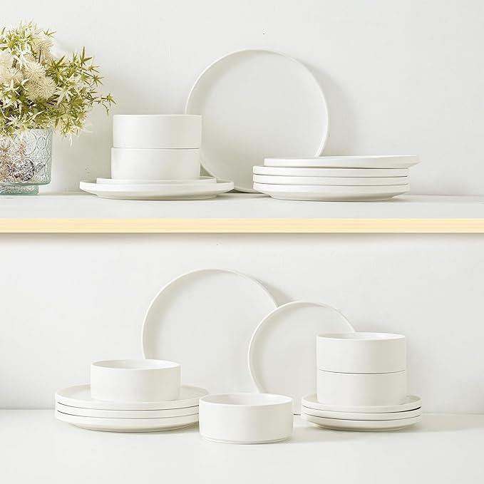 12 Piece Ceramic Dinnerware Set for 4, Modern Minimalist Stoneware Dinner Plates and Bowls, Microwave Safe, Dishwasher Safe, Versatile for All Seasons, Matte White