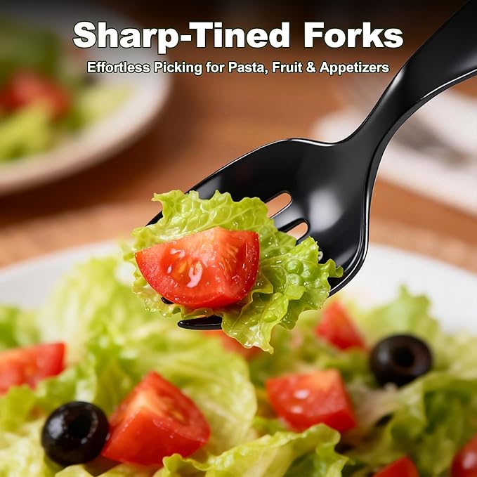 36Pcs Disposable Plastic Serving Utensils Set, 12 Black Spoons, 12 Forks, 12 Tongs, 9-Inch for Party Buffet Catering Events, Heavy Duty and Ergonomic Design (Black-1)