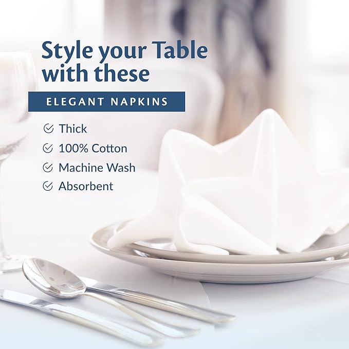 Elegant Restaurant Quality 100% Cotton Dinner Table Cloth Napkins with Clean- Lined Hemmed Edges, Bulk Set, Square 20" x 20'' for Weddings, Hotels, Restaurants, and Classy Home Dinners (180)
