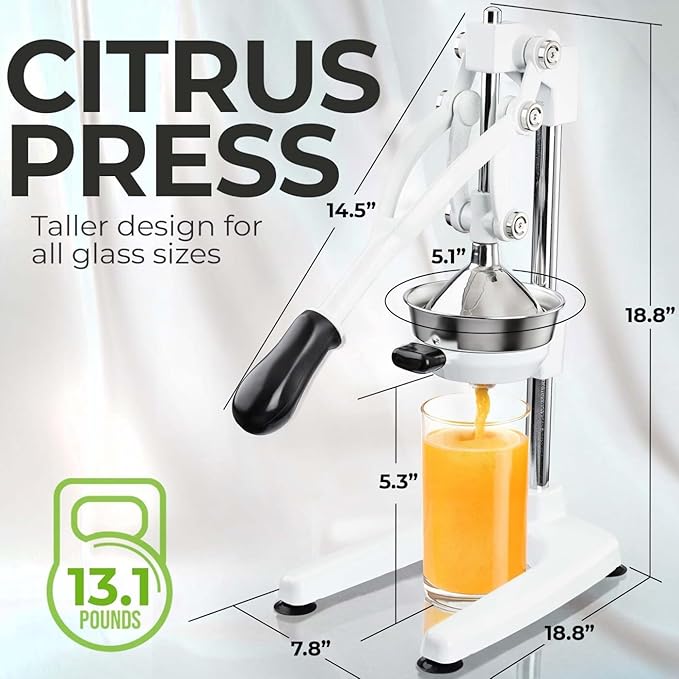 Zulay Kitchen 9 in 1 Cast Iron Juicer - Easy-to-Clean Heavy-Duty Manual Juicer with Presser Attachment to Juice All Types of Fruits! Extra Tall with Stainless Steel Bowl - White