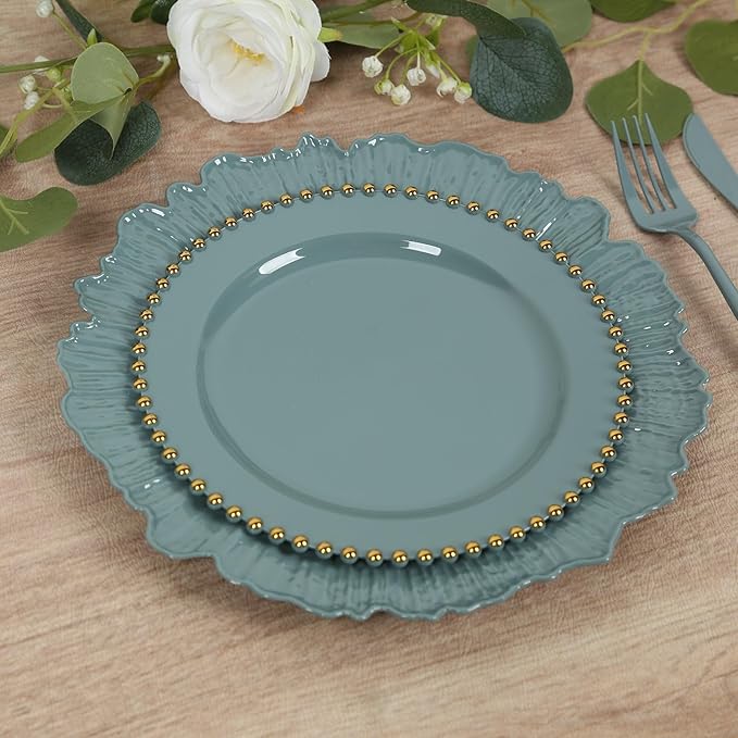 8" Salad Plates - Set of 20 - Plastic Dusty Blue Round Disposable Dessert Appetizer Plate with Gold Beaded Rim, Ideal for Dinner Party Wedding Bulk Events