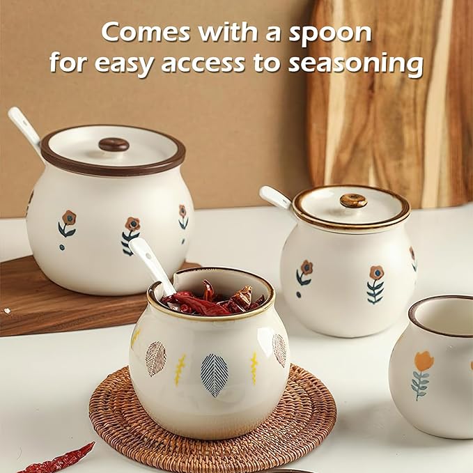 Ceramic Salt and Sugar Bowl, Porcelain Condiment Jars with Lid and Spoon, Seasoning Spice Pot Bowl, Salt Sugar Pepper Storage Jar, 400ml, Leaves