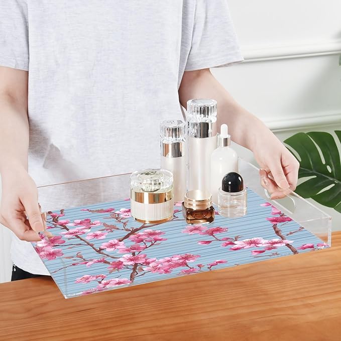 Serving Tray with Handles Clear Acrylic Tray 12x16 Inch Decorative Rectangular Tray Organizer for Ottoman Coffee Table Bathroom Blue Stripes Cherry Blossom