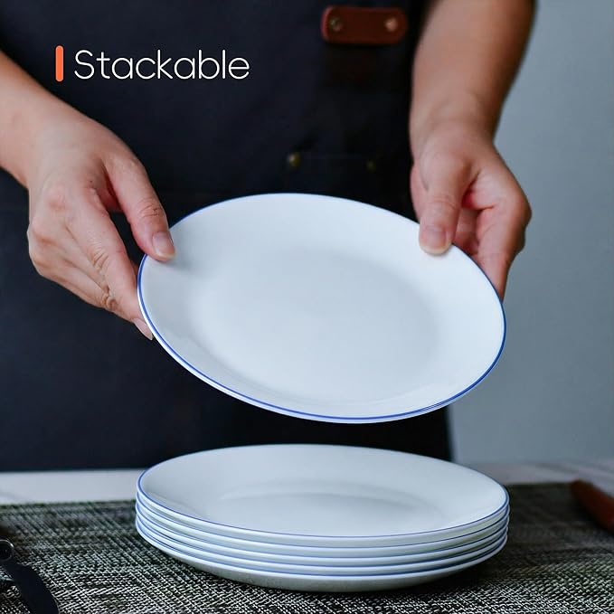 7.5 inch Appetizer Plate Set of 6, Lightweight Opal Glass Round Salad Plates for Dessert Kitchen, Dishwasher and Microwave Safe, Hand Painted Navy Blue Rim