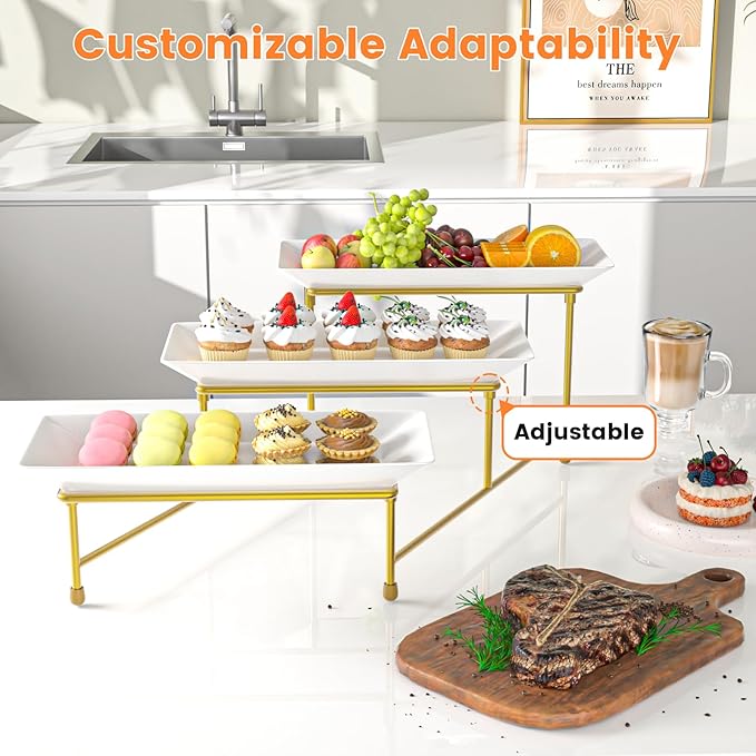 3 Tier Serving Tray for Party, 12"x6" Tiered Serving Platters with Steel Display Stand for Sevring Food,Cookies,Veggie, Dessert,Fruit, Gold