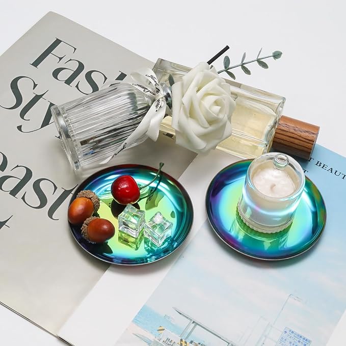 PINE & LINEN 2pcs Colorful Jewelry Dish,4inch Stainless Steel Trinket Tray Decorative Plate,Small Serving Tray for Home Decor/Decor Enthusiasts