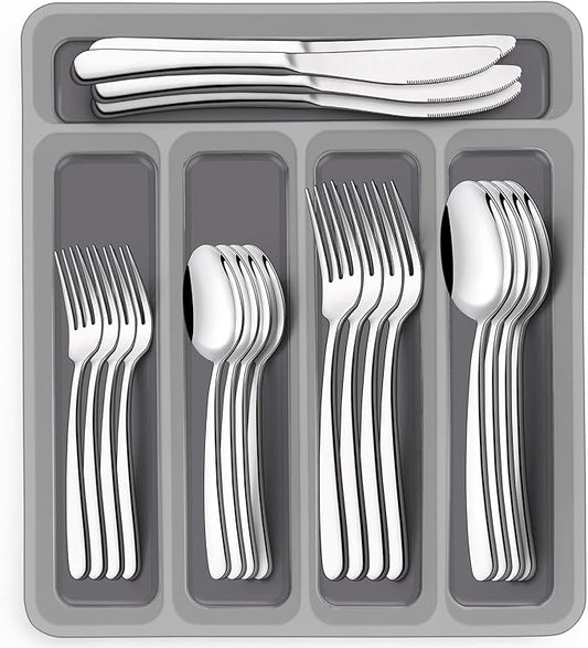 40-Piece Silverware Set with Organizer, EWFEN Heavy Duty Stainless Steel Flatware Set for 8, Food-Grade Tableware Cutlery Set, Utensil Sets for Home Restaurant, Mirror Finish, Dishwasher Safe