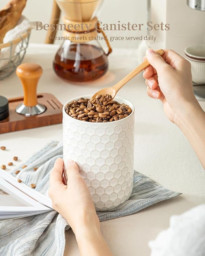 Besmeety Canisters Sets for the Kitchen, Flour Sugar Storage Containers, Ceramic Kitchen Canisters for Countertop with Airtight Lid, 11oz 28oz & 50oz Coffee Tea Sugar Container Set of 3