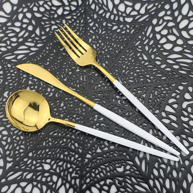 Shiny Silverware Sets, 24-Piece Elegant Cute White Handle Gold Cutlery set,304 Stainless Steel Silverware Set for Eating Home Kitchen Hotel Restaurant, Sets for 6 People, Dishwasher Safe