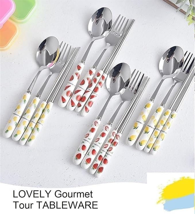 Silverware Set, Ceramic Handle Dinnerware Set Flatware Kitchen Accessories Camping Travel Sets Fork Spoon Portable Cutlery Sets with Case, Lemon Strawberry Watermelon Pineapple Fruit series