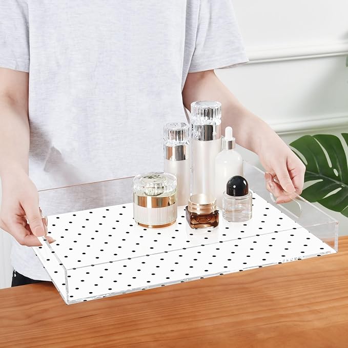 Serving Tray with Handles Clear Acrylic Tray 12x16 Inch Decorative Rectangular Tray Organizer for Ottoman Coffee Table Bathroom Black Polka Dot White