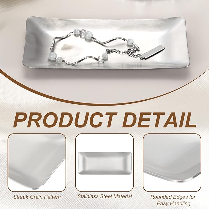 uxcell Decorative Tray, 5.7x2.6 Stainless Steel Rectangular Frosted Serving Tray for Dessert Napkin Towel Candle Jewelry Bathroom Platter, Stackable, Silver