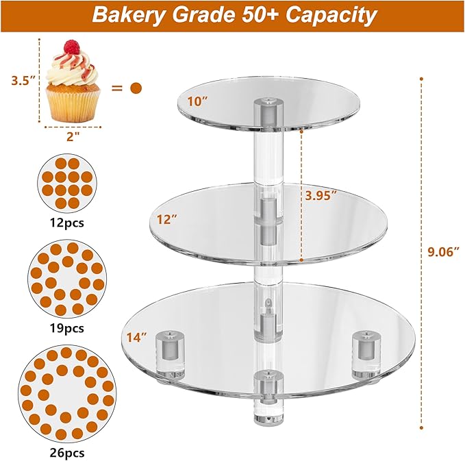 3 Tier Cupcake Tower with 10" 12" 14" 4mm Thick Heavy-Duty Trays, Acrylic Dessert Display Stand for Weddings, Parties, Baby Showers, Round Cupcake Display Stand