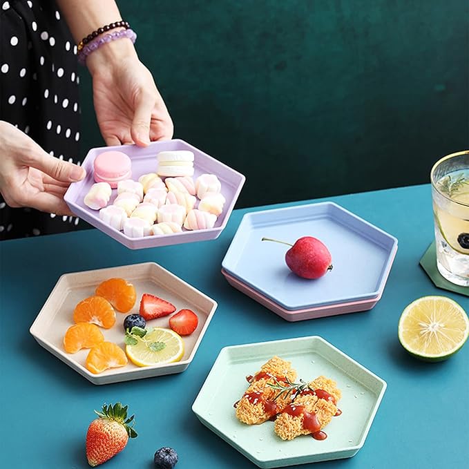 Incauca 5 Pack 6 Inch Lightweight Mini Wheat Straw Plates, Reusable Hexagon Dessert Plates, Small Saucers Plates, Plastic Side Dish Plates for Serving Snack Appetizer Salad Fruit, Assorted Colors