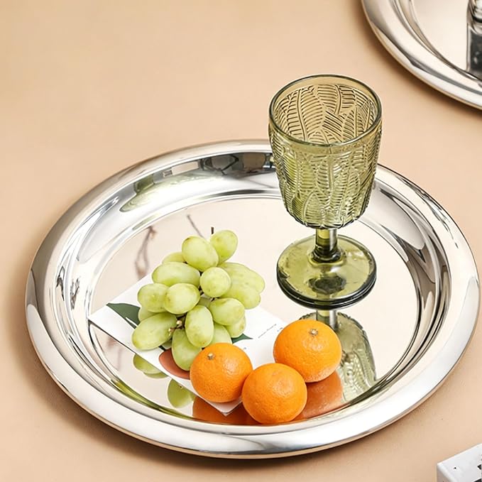 Diydeg Stainless Steel Round Serving Tray, Decorative Mirrored Finish Round Serving Bar, Sturdy Vacuum Coating Circular Platter, for Coffee Table Bar Party (L)