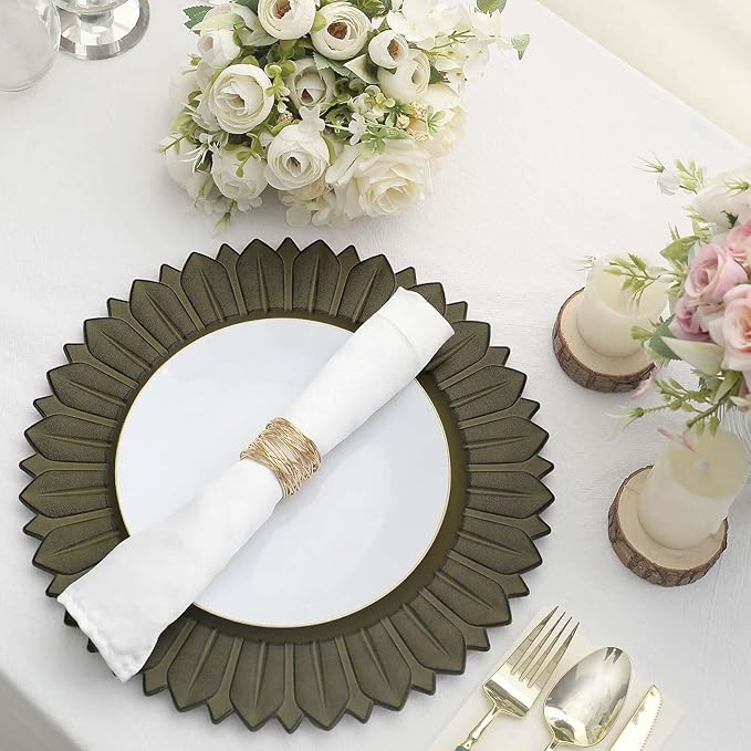 13" Charger Plates - Set of 12 - Matte Olive Green Sunflower Plastic Chargers, Disposable Round Acrylic Serving Trays For Dinner Wedding Party Events