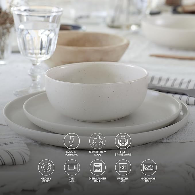 Casafina Ceramic Stoneware 12-Piece Place Setting Service for 4, Pacifica Collection, Salt White | Microwave & Dishwasher Safe Dinnerware Set | Food Safe Glazing | Restaurant Quality Tableware