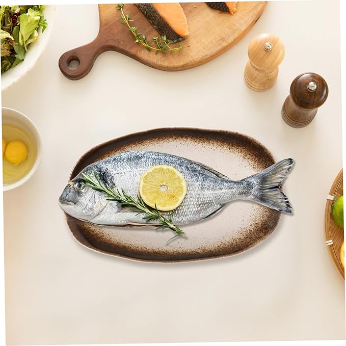 STOBAZA Irregular Fish Plate Ceramic Serving Platter with Foot Japanese Style Vintage Dish Unique Restaurant Dinnerware for Curry and Vegetables Creative Food Holder