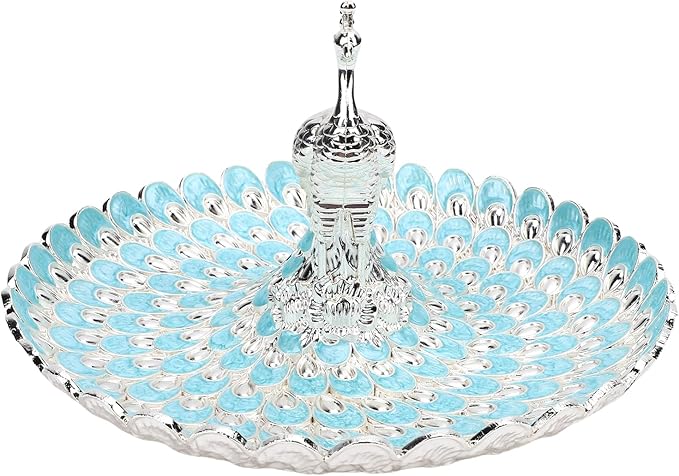 Zerodis Decorative Peacock Serving Tray, Zinc Alloy Fruit Platter, Elegant Storage Centerpiece for Home Kitchen Table, Snacks Cookies Display (Silver Light Blue)