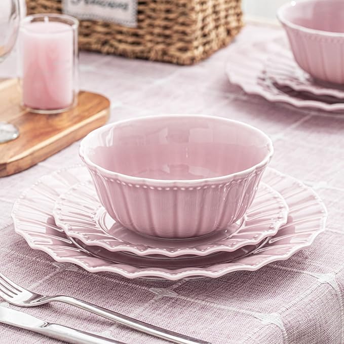 HOMBENE Plates and Bowls Sets for 4, 16 Piece Dinnerware Sets, Porcelain Plate set, Ceramic dish set, Wedding kitchen & dining, Microwavable Dreamy Sakura Pink