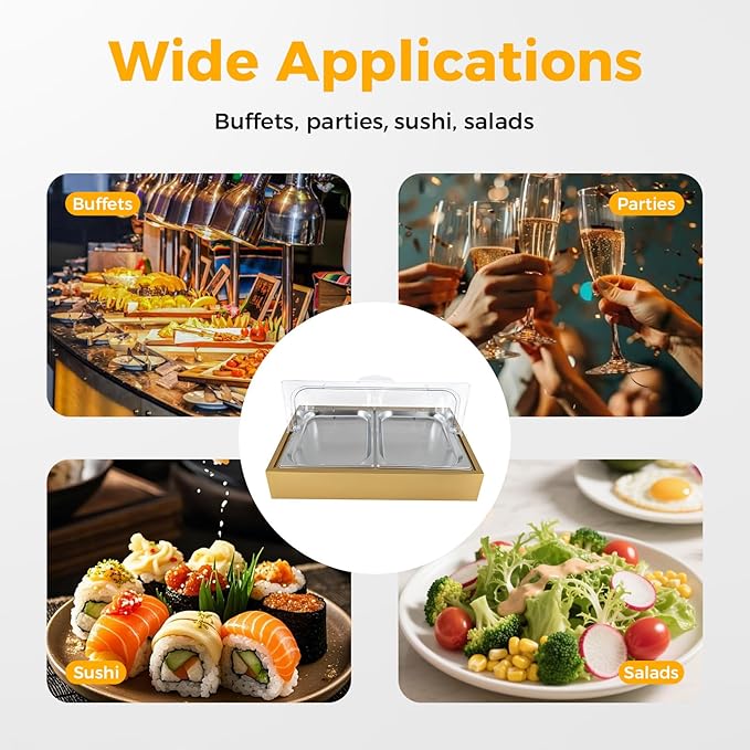 Ice Food Serving Display Tray, 6L Spice Display Salad Dressing Cooler Food Dishes Display Plate Case w/Clear Roll Top Cover for Outdoor Buffets Parties & Restaurant (Gold)