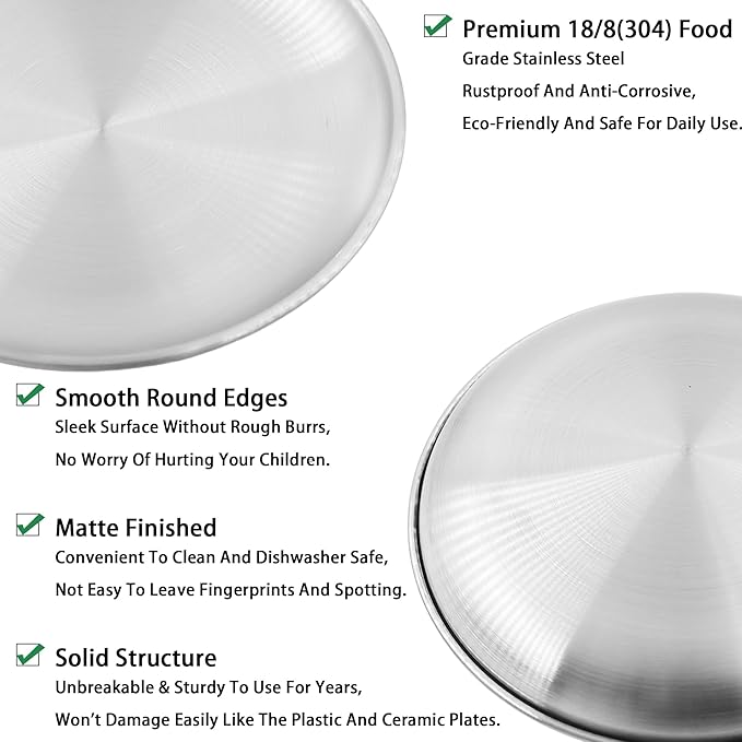 304 Stainless Steel Plates,Silver Round Dinner Dishes,Feeding Serving Camping Plates,Reusable Dinner Plates,Durable Metal Plates, Double Walled Plates for Picnic BBQ Steak 2PCS, 20cm/7.87''