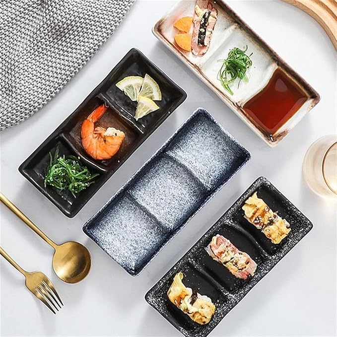 Appetizer Plate Ceramic Three Grid Sauce Dish Appetizer Serving Tray Vinegar Soy Mustard Sushi Snack Dish Dipping Bowl Kitchen Tableware Snack Plate Sauce Dipping Saucer