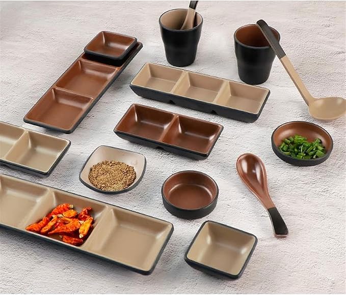 Sauce Dish Melamine Plastic Appetizer Plates Divided Dipping Bowl Tray Condiment Dish Storage for Kitchen Spices Vinegar Nuts Sushi Vinegar (2 Compartments) Dipping Bowls (B)