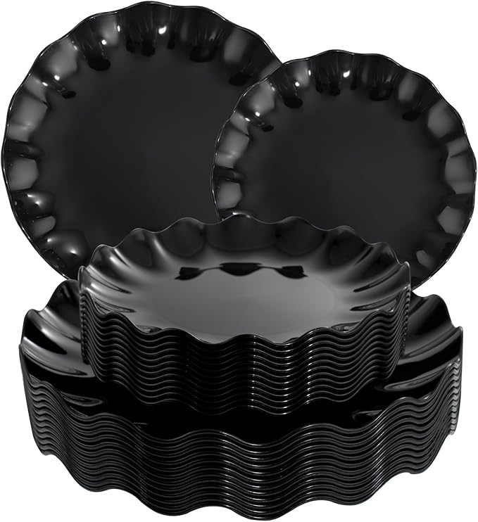 LIYH 24 Pcs Black Reusable Plastic Plates – Unbreakable Camper Dishes, Dishwasher Safe Dinner Plate Dessert Plates, Scalloped Design - Ideal for Parties, Picnics 12Guests
