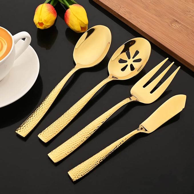 JASHII 5-Piece Gold Hammered Flatware Hostess Set Stainless Steel Serving Fork Slotted Serving Spoon Butter Knife Teaspoon Set for Buffet Party Mirror Polished Dishwasher Safe