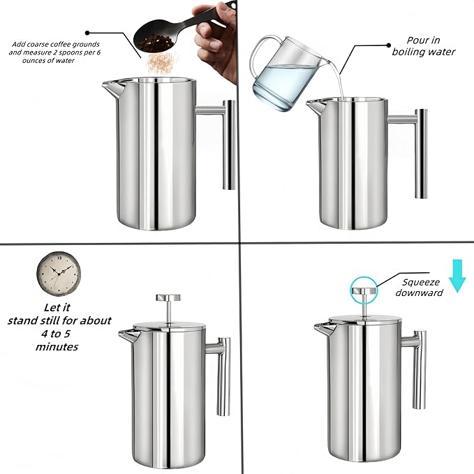 French Press Coffee Maker 34 Oz, Dual-wall insulation, easy clean, durable, Stainless Steel French Press Coffee Maker, Food grade, safe and reliable, suitable for home and camping, silver.