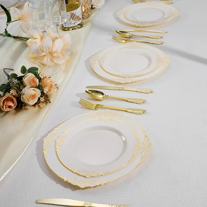 200 PCS Ivory and Gold Plastic Plates for 100 Guests, Gold Disposable Plates Include 100 PCS Dinner Plates, 100 PCS Dessert Plates for Party, Wedding and Graduation (200, Ivory White)