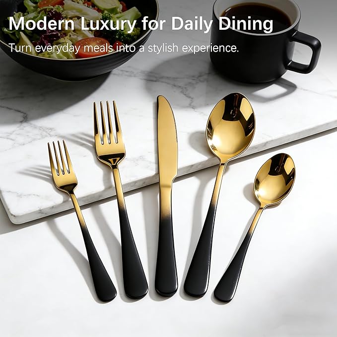 Black Silverware Set for 8 Modern 40 Piece Flatware Set 18/10 Stainless Steel Unique Black Gradual Change Gold Cutlery Utensils Sets for Home Kitchen Restaurant Tableware Set Mirror Polished