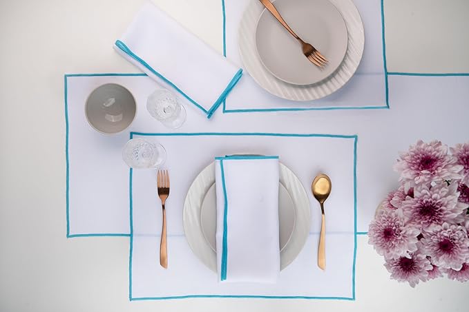 D'Moksha Homes White Linen Placemats with Blue Embroidered Trim, Set of 4-14 x 19 Inch, 100% Pure Linen Cloth Placemats White & Blue for Dining, Christmas, Holiday, New Year - Machine Washable