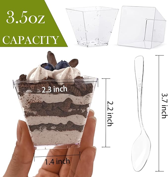 50 Pack 3.5 oz Square Dessert Cups with Spoons, Mini Plastic Parfait Appetizer Cups, Clear Reusable Small Shooter Cups, Serving Bowls for Tasting Party Samples Dessert Shot Glasses
