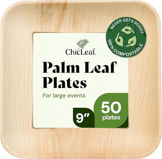 Chic Leaf Palm Leaf Bamboo Style Plates - 9-Inch Square, Pack of 50 - Compostable Serving Platters - Microwave -Disposable Plates - Durable Party Dishware, Upscale Look for Valentine’s Meals