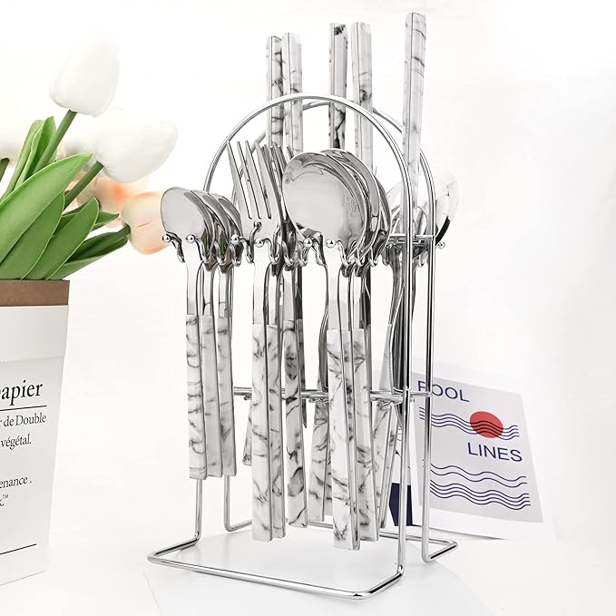 Silverware Set, 24 Piece Mirror Flatware Set With Stand, Stainless Steel Utensils With White Marble Texture Handle, A Complete Cutlery Set For Most Families, Service For 6