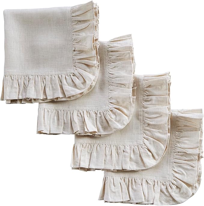 Solino Home Linen Ruffle Cloth Napkins Set of 4-100% Pure Linen Light Natural Dinner Napkins 20 x 20 Inch - Gabrielle Ruffle, Handcrafted and Machine Washable