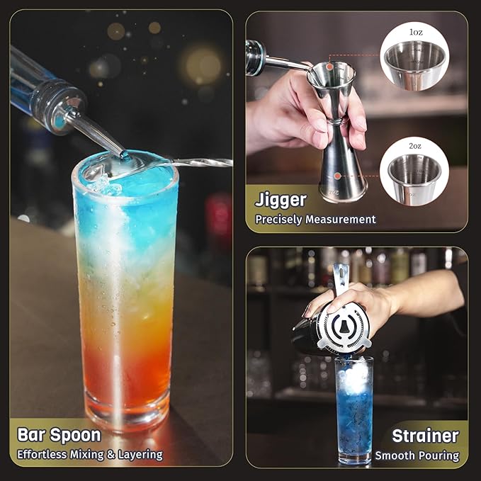 Boston Cocktail Shaker Set, 8-Piece Bar Tools Set, Professional Bar Set with Boston Shaker, Bar Spoon, Jigger, Hawthorne Strainer, Stainless Steel, Dishwasher Safe, Ideal Bartender Kit for Bar
